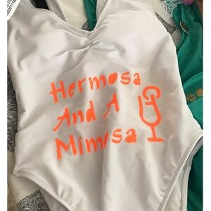 White Swimsuit with print representing Hermosa Beach, Ca